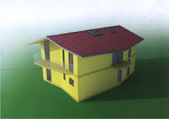 3D-Modell eines freistehenden Hauses.