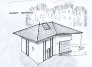 Skizze eines freistehenden Hauses.